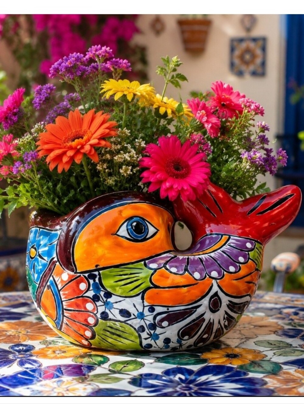 New Artisan Hand Made Hand-Painted Talavera Pottery Fish Open Mouth Planter Pot
